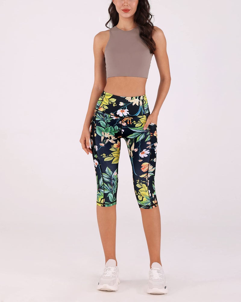 ODODOS Women's High Waisted Printed Yoga Capris with Pocket, Tummy Control Non See Through Workout Sports Running Athletic Capri Leggings, Tropical Flower, X-Large - Image 3